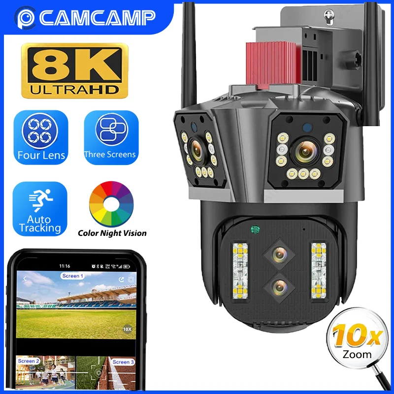 8K 16MP IP Camera Wifi PTZ Four Lens with Three Screens 10x Zoom Outdoor CCTV 4K 8MP Wireless Video Security Surveillance Camera