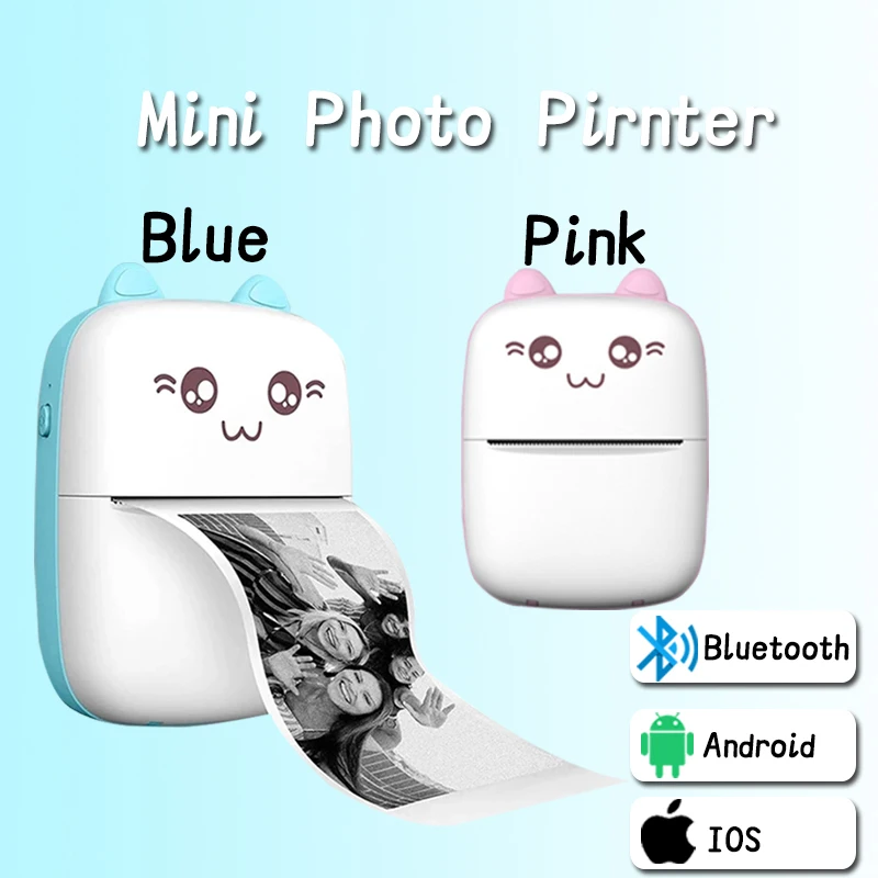 Портативный мини-термопринтер с принтом кошки карманный Термопринтер для
