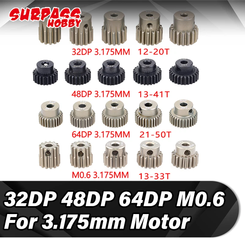 

Surpass Hobby 32DP 48DP 64DP M0.6 M0.8 Motor Gear Metal Pinion for 1/8 1/10 1/12 RC Car 3.175mm 5mm Shaft Traxxas WPL Wltoys 540