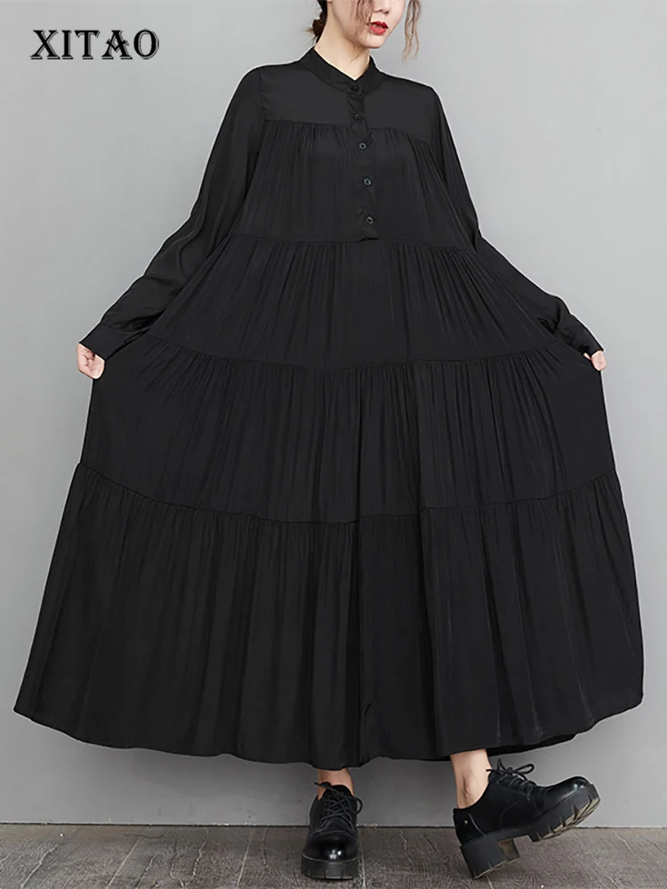 

XITAO Solid Color Single Breasted Pullover Dress Stand Collar Loose Folds Long Sleeve 2023 Autumn New Arrival Casual DMJ2446