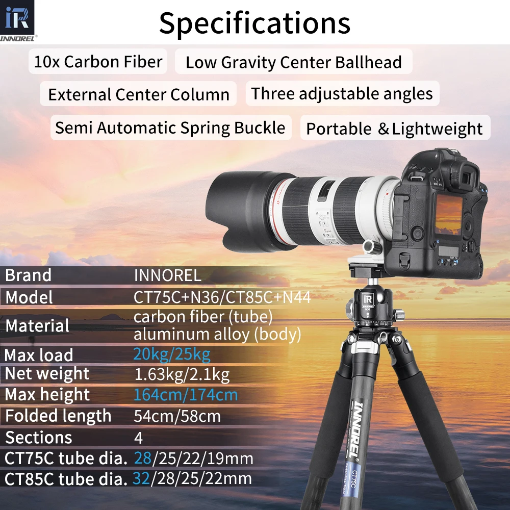 Фото Профессиональный штатив INNOREL CT85C из углеродного волокна для DSLR-камер, сверхпрочная стойка с низким центром тяжести, шаровая головка, с короткой центральной колонкой №1