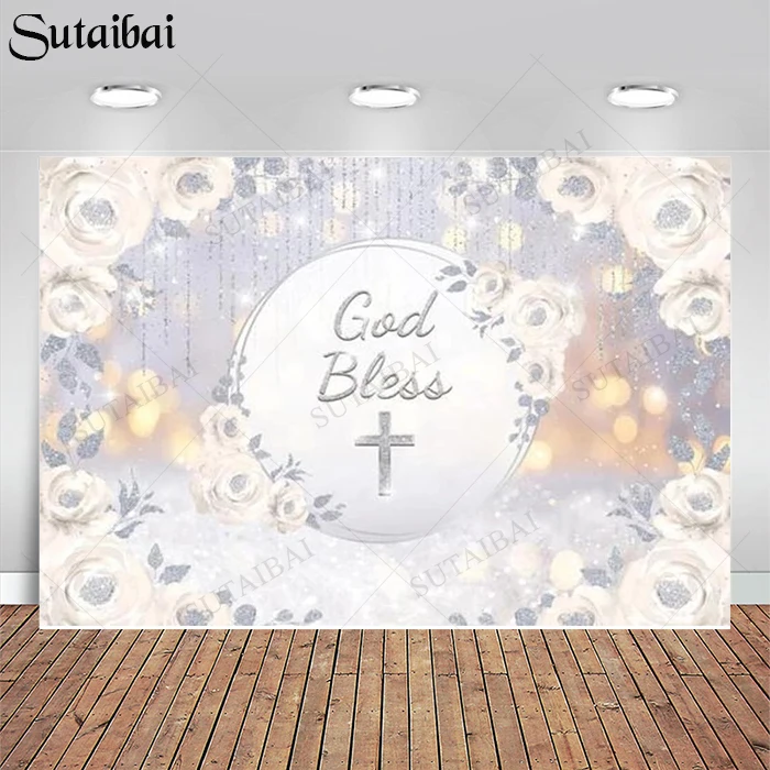 

God Bless Silver Bokeh Photography Backdrop First Communion Cross Floral Baby Shower Baptism Birthday Party Photocall Background