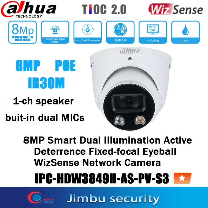 Купить Dahua IPC-HDW3849H-AS-PV-S3 8 Мп POE 4K IP-камера с теплсветильник 30 м IR30M встроенный двойной микрофон динамик WizSense комнатный глазный шар