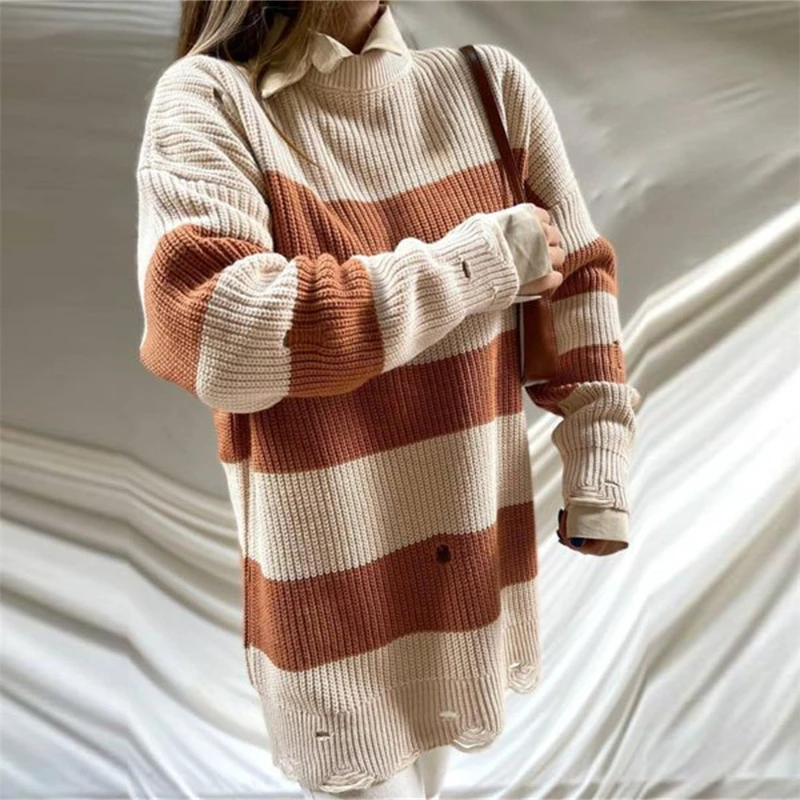 2021 New Hole Sweater Dress Women O Neck Knitted Long Sleeve Autumn Winter Ladies Warm Y2K Oversized Casual Dresses