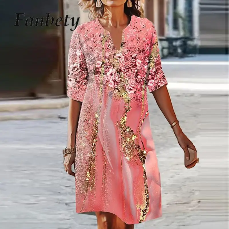 

Женское винтажное платье-миди с цветочным принтом, V-образным вырезом и рукавом 3/4