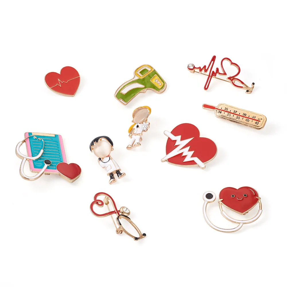 10Pcs Zinc Alloy Enamel Rhinestone Brooch Safety Pins Medical Care theme Brooches For Men Women Garment Jewelry Decorations