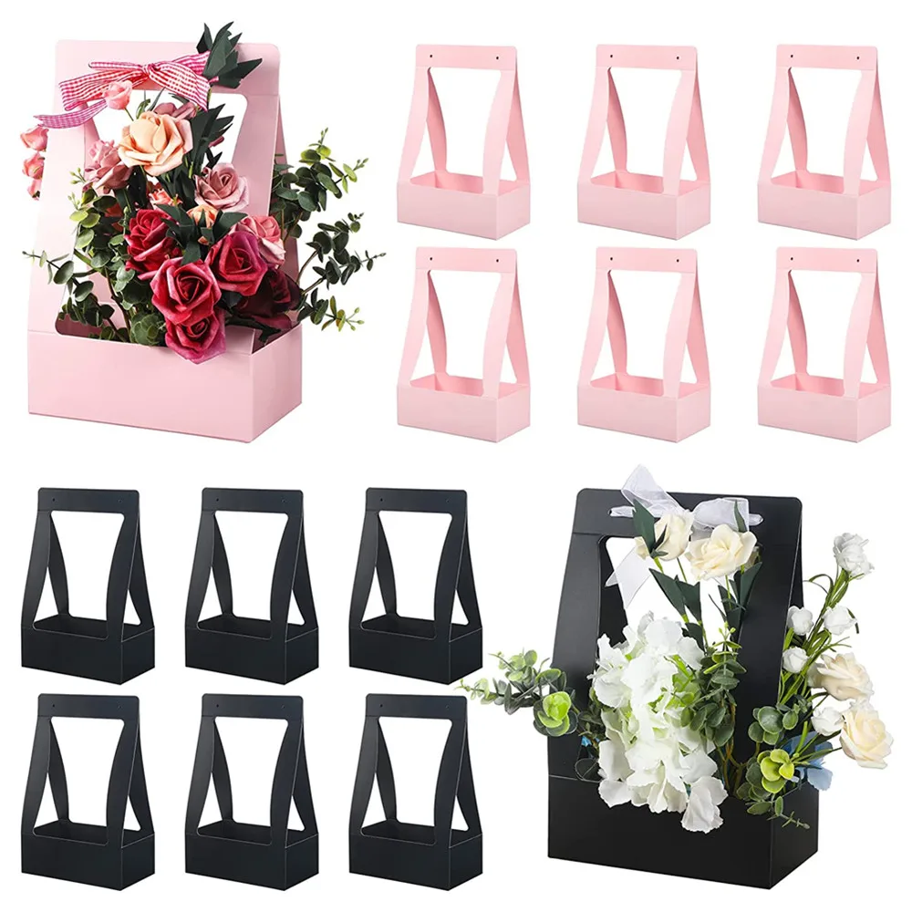12Pcs Craft Paper Gift Bags Flower Box for Arrangements Flower Bouquet Packaging Bag with Handle for Valentine's Day Anniversary