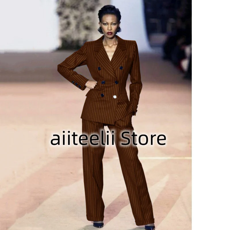 Women's Suit 2-piece Suit Fashionable Striped Double-breasted Slim Fit Handsome Lapel Collar Heroic Suitable for Business Ladies