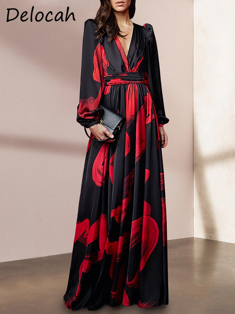 

Женское праздничное платье Delocah, разноцветное платье трапециевидной формы с высокой талией и длинными рукавами-фонариками, лето 2019