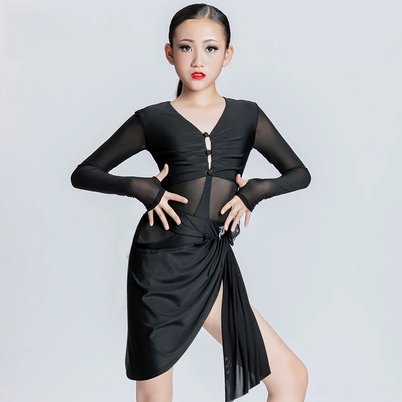 

Girls Latin Dance Costumes Black Mesh Sleeves Top Beveled Skirt Ballroom Dance Competition Clothes Stage Practice Dresses SL7640