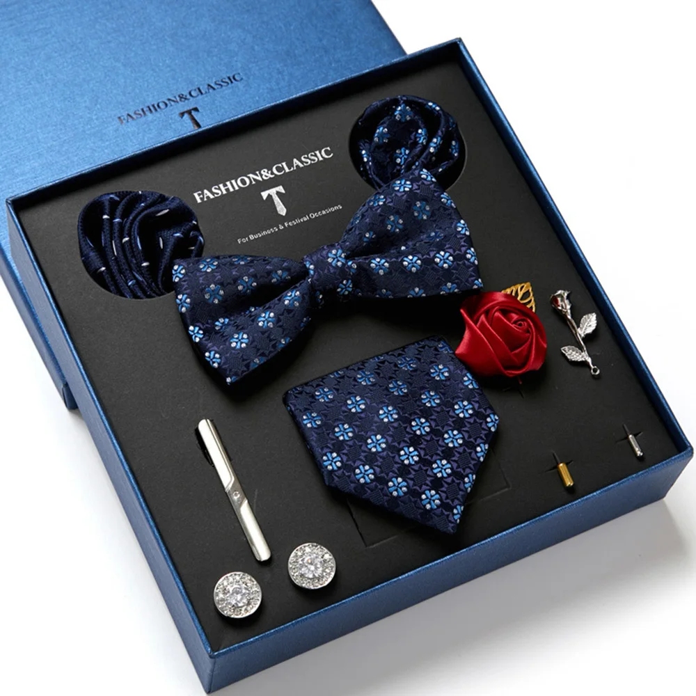 Men's Tie Set Gift Box With Necktie Bowtie Pocket Square Cufflinks Clip Brooches 8pc Suit For Wedding Party Busniess Tie For Men