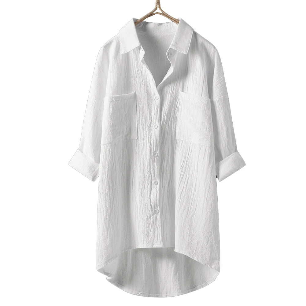 

Autumn Plus Size Women Cotton Linen T Shirt Dress Ladies Oversized Loose Blouse Tops Lapel Button Retro Shirt Solid Color Skirt