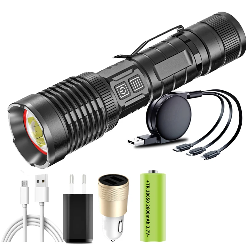 

Высококачественный светодиодный фонарик XHP100 с микро-USB, перезаряжаемый внешний аккумулятор 18650, фонафонарь с алюминиевым масштабируемым фо...