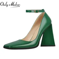Onlymaker Women's Green Square Toe Pumps Triangle Block High Heels  Nude Black Fashion Office Party Dress Female Pumps