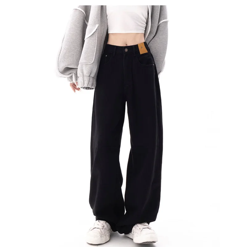 

Women's 2022 New Pattern Vintage Recreational Black Mopping The Floor Broad Leg Jeans Loose Straight Cylinder Trousers Autumn