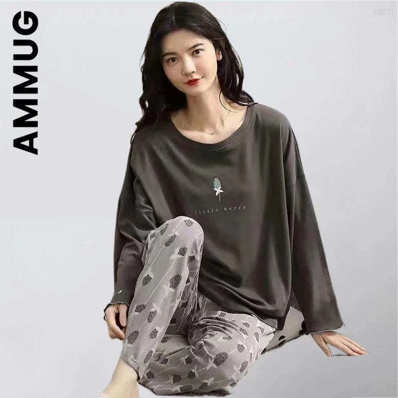 

Ammug Casual Women's Spring Models Pure Cotton Pajamas Long-sleeved Home Service Women's Simple Loose Casual Suit Large Size