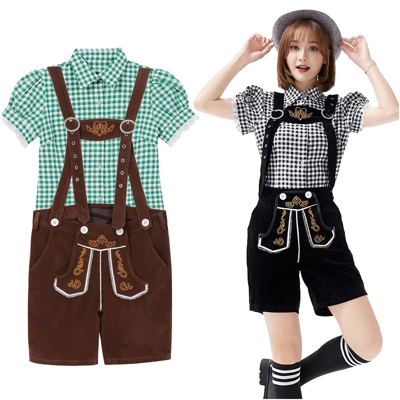 

Germany Oktoberfest Traditional Costume Parade Tavern Waitress Cosplay Fancy Party Dress Women Sling Lederhosen and Shirt Outfit