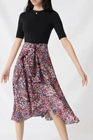 round neck crushed flowers tied with slim dress temperament irregular splicing fake two pieces crushed flowers thin skirt female