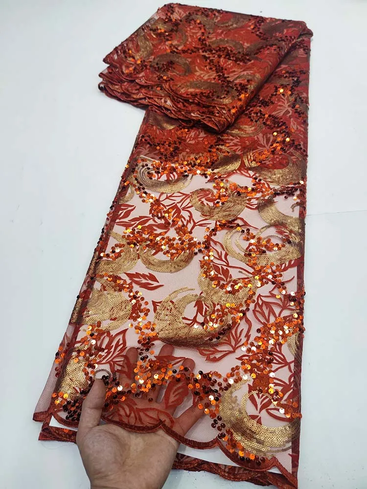 

The New Sequins Lace Fabric 2022 5 Yards High Quality African Nigeria Tulle Net Lace Fabric For Dress Wedding Party Burnt Orange