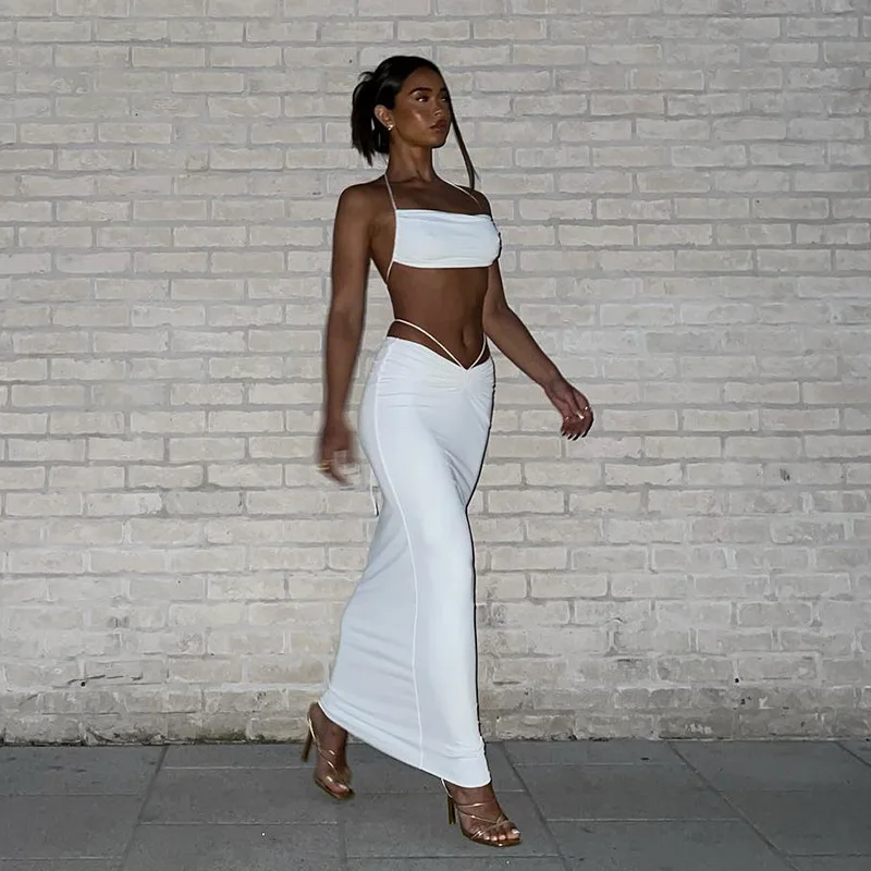 

2022 Summer Two Piece Sets Womens Outfits Sexy Backless Ruched Vacation Beach Outfits Crop Top And Long Skirt Sets Green Black