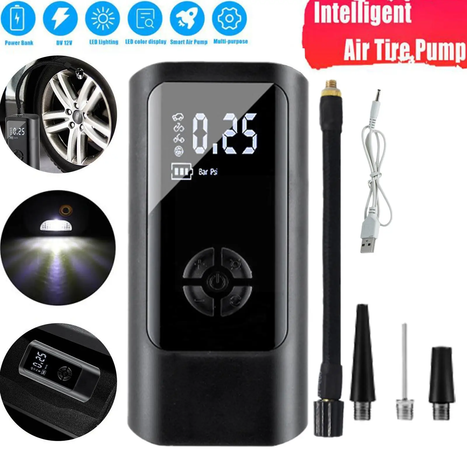 

Portable Electric Tire Inflator, Cordless Led Flashlight Lighting, Fast Inflation Mini Car Air Pump Fit For Balls Motorcycl L1q9