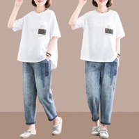 summer new women fashion pattern t shirts and jeans suits casual loose tshirt and nine points jeans sets for woman 4xl e68
