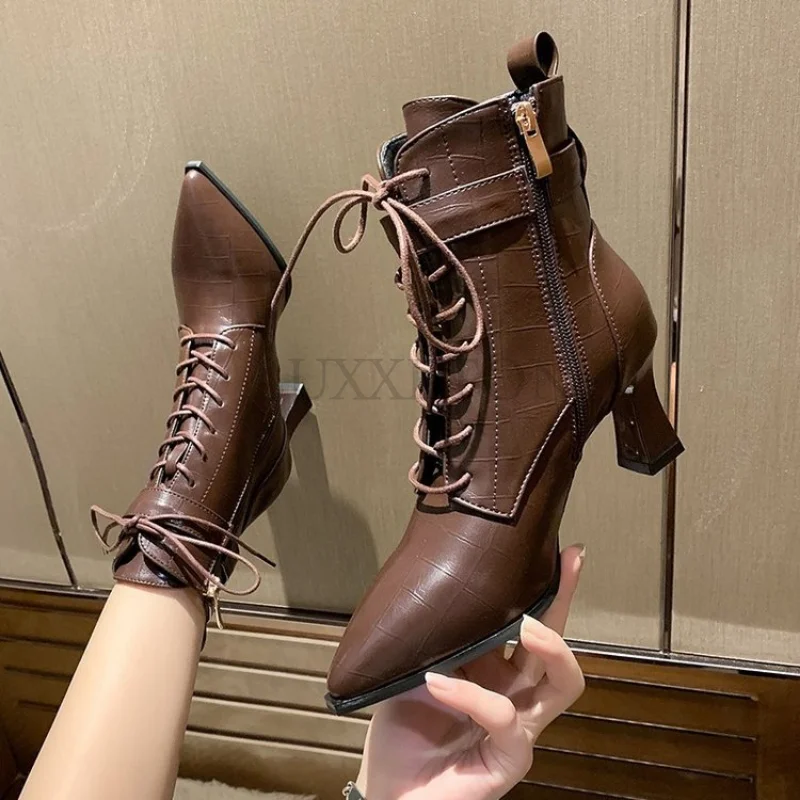 

New Cross-Tied Knight Riding Boots for Women Zip Slim Mid-Calf Modern Pointed Toe Thin High Heels Booties Woman Winter 2022