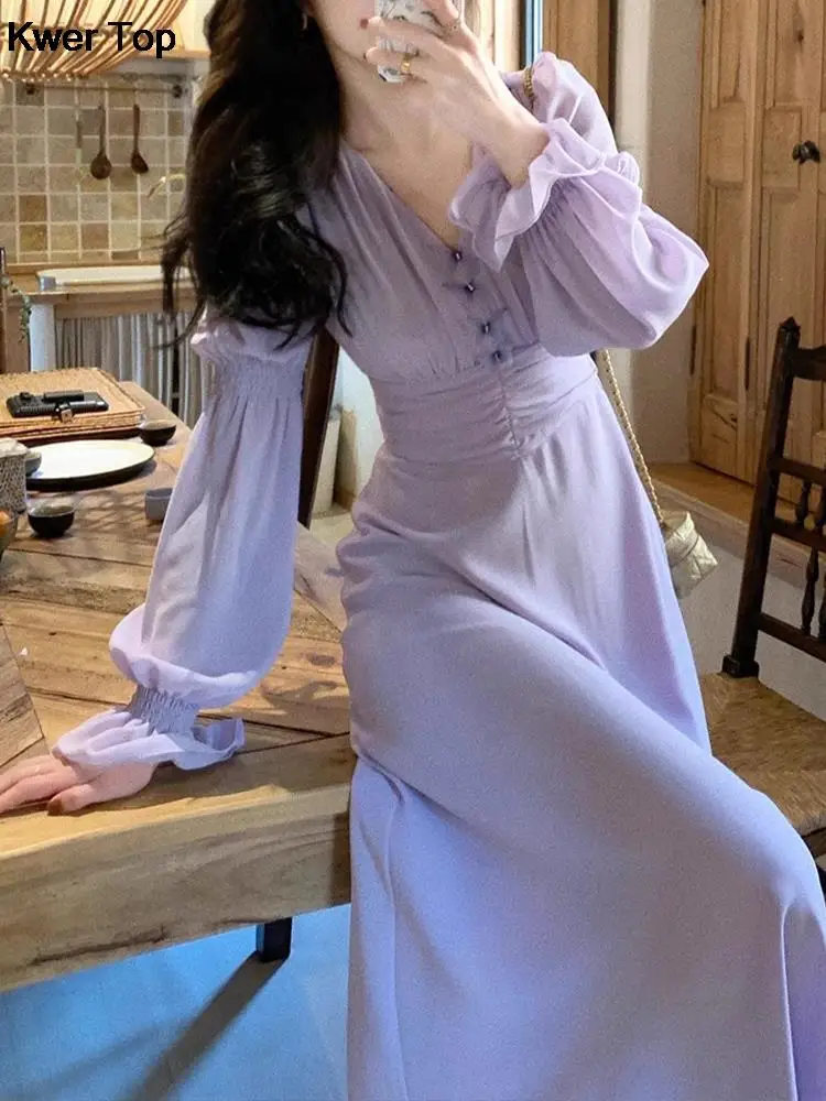 

Женское элегантное фиолетовое платье миди с V-образным вырезом, весенне-осеннее повседневное облегающее платье с длинным рукавом, женская новая одежда