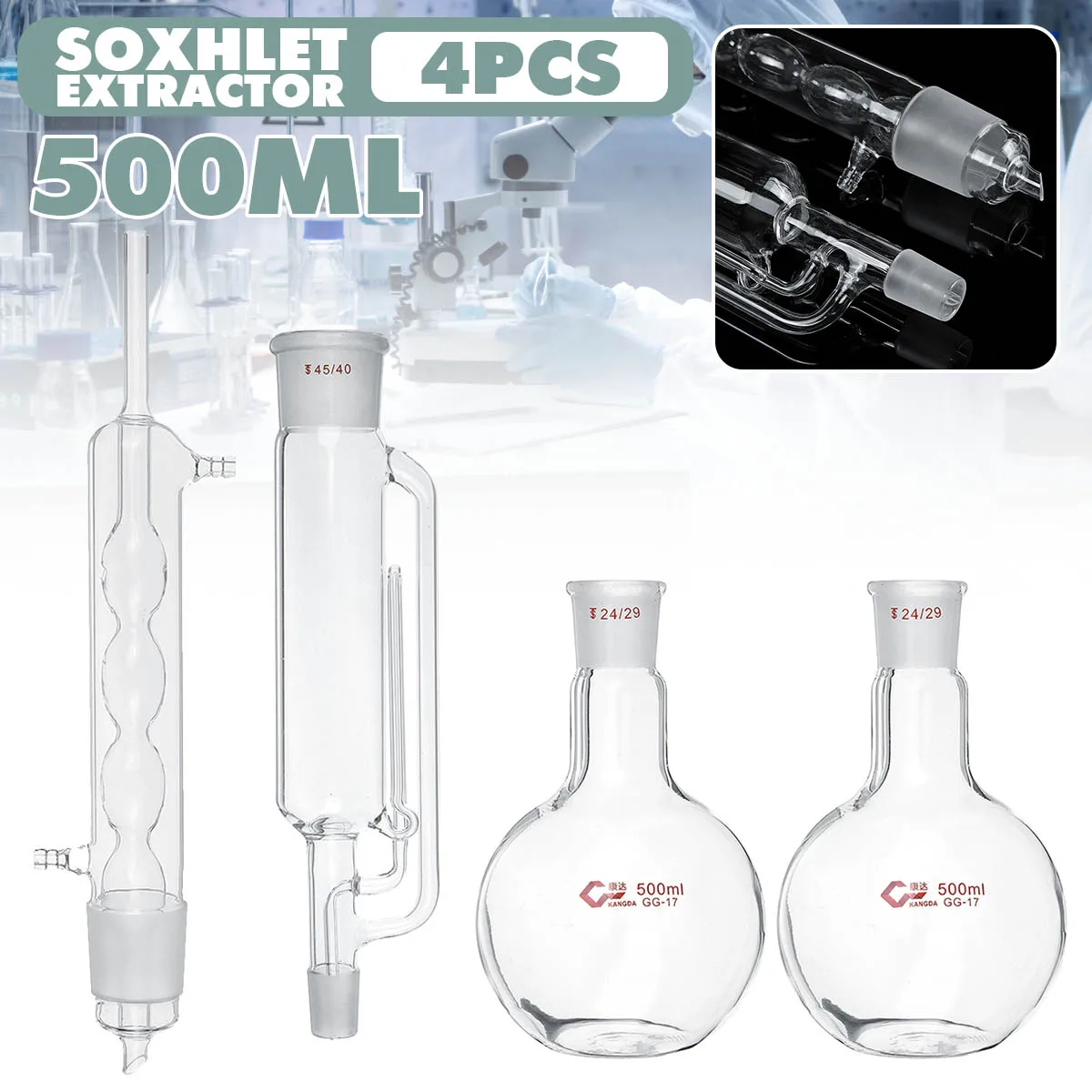 Efficient 500ml Lab Glass Soxhlet Fat Extractor Glass Condenser Set With 24/29 Flat Bottom Flask 45/40 Tube Lab Glassware Kit