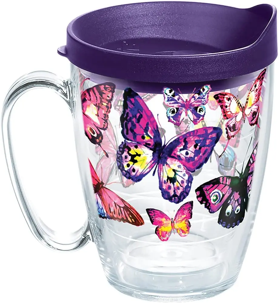 

US made Butterfly Passion travel cup with insulated double wall keeps drinks cold and hot, 473, classic