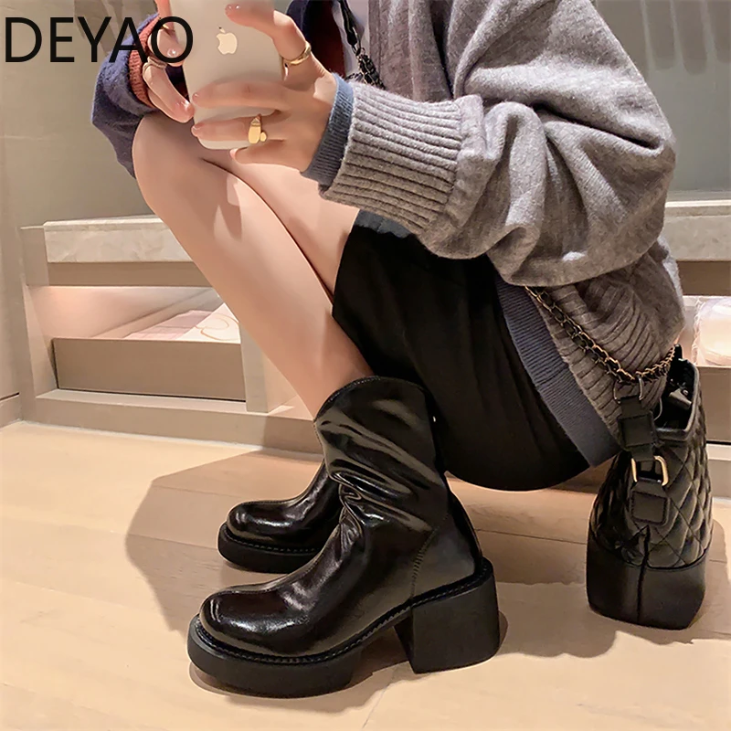 

Platform Ankle Boots For Women 2022 High Heel Elegant Short Boots Zippers Patent Leather Lady Fashion Autumn Winter Shoes