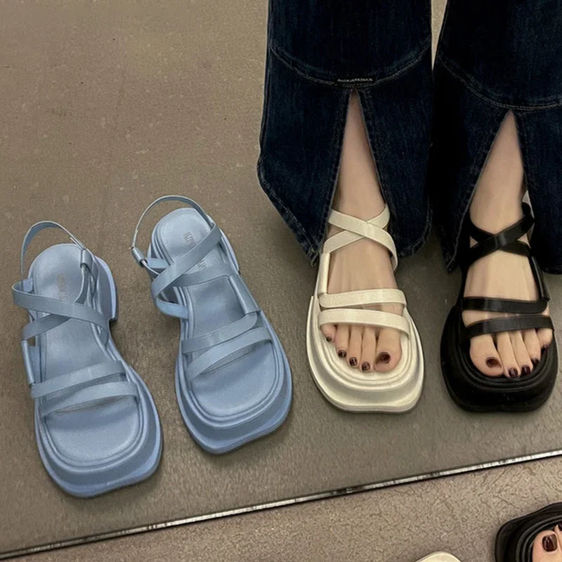 

Женские босоножки на платформе, элегантные сандалии-гладиаторы на толстом высоком каблуке с узкими ремешками, лето 2023