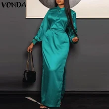 Vonda 2022 elegante feminino em torno do pescoço puff manga longa maxi vestido ol escritório cetim vestido de verão senhora plissado botão até vestidos baggy (1)