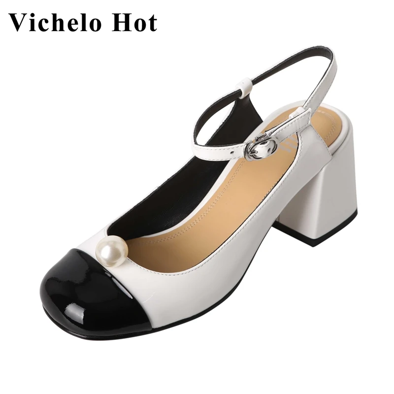 

Женские туфли-лодочки Vichelo, летние туфли из натуральной кожи с круглым носком, на высоком каблуке, украшенные жемчугом, разные цвета, L50, 2022