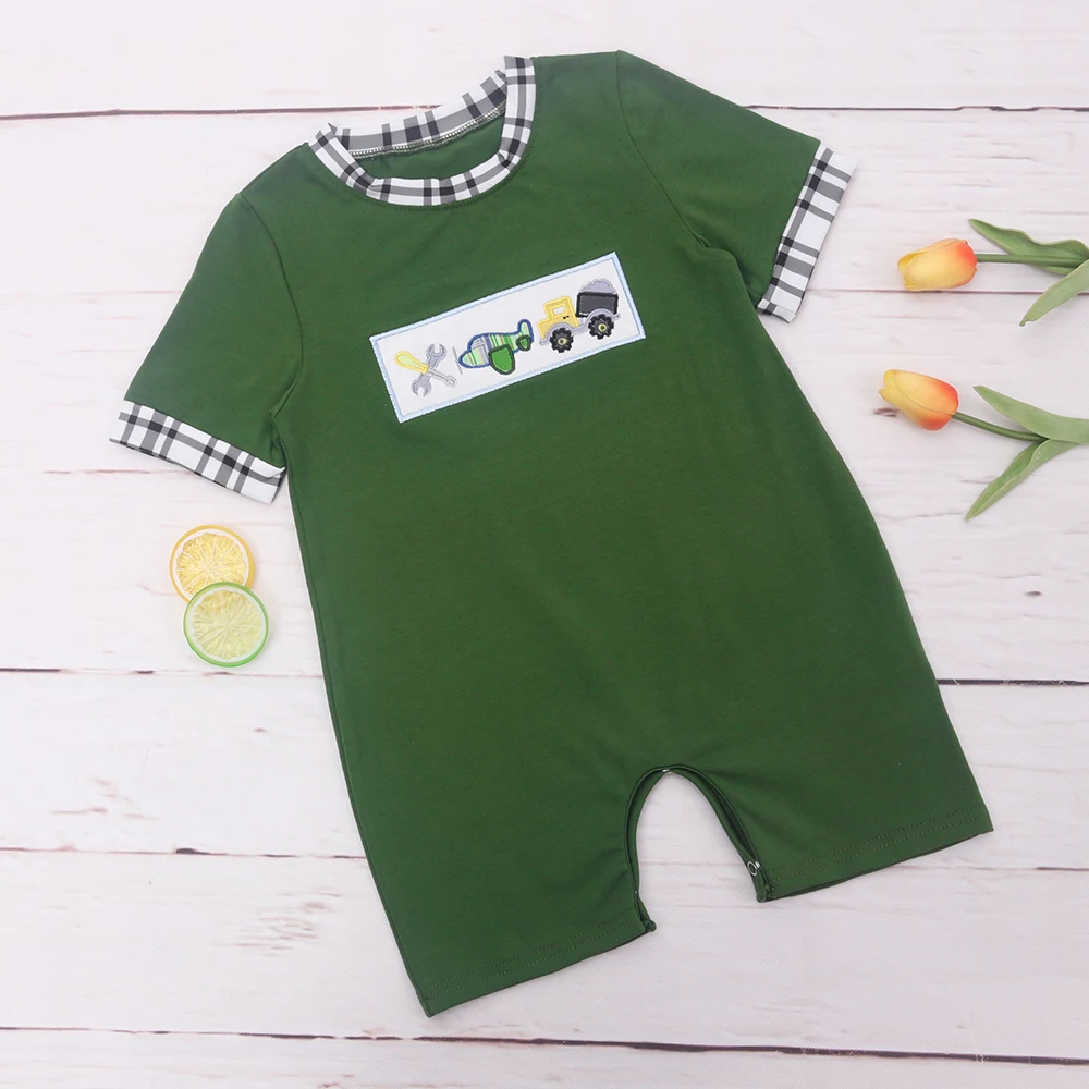 

0-3T Summer Boy Jumpsuit Clothes Sleeveless One-pieces Bodysuit With Cartoon Vehicle Pattern Embroidery Green Toddler Romper
