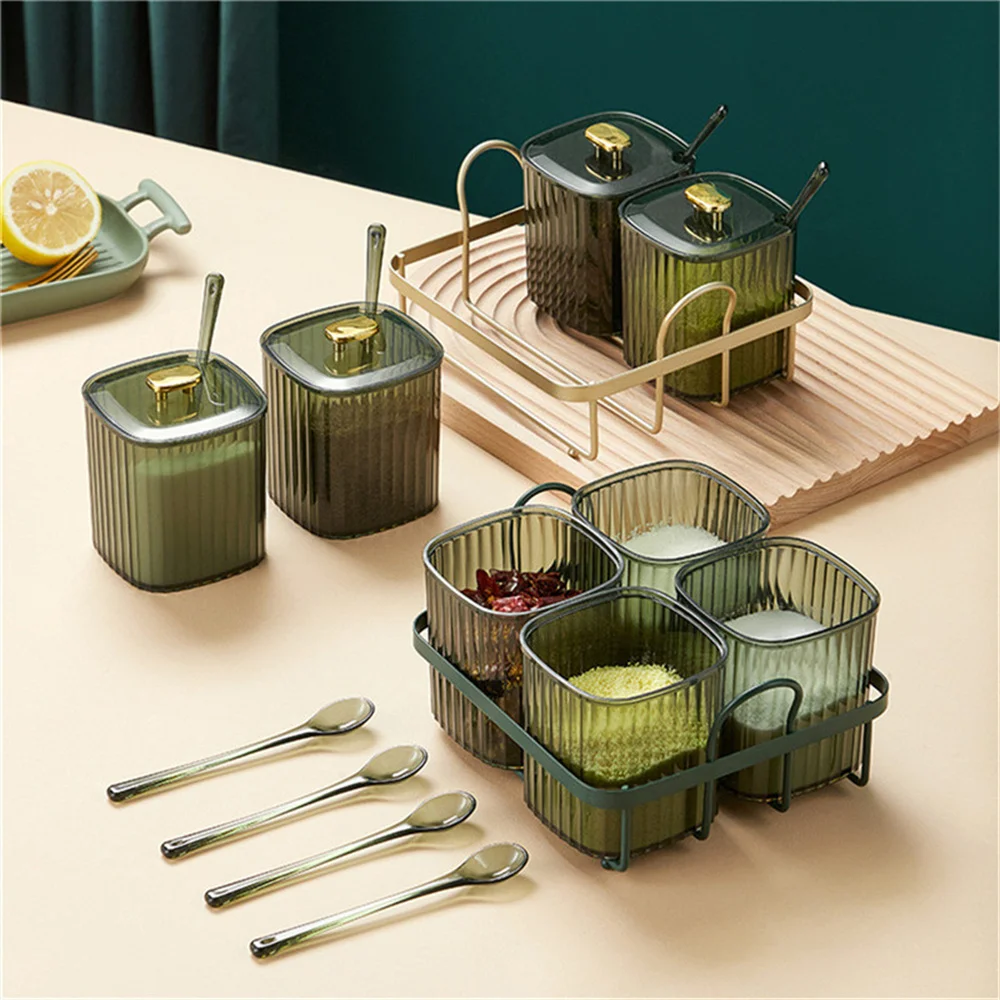 Luxury Sauce Container Set Salt Sugar Storage Box Sets With Cover Handle Spoon Kitchen Portable High Quality |