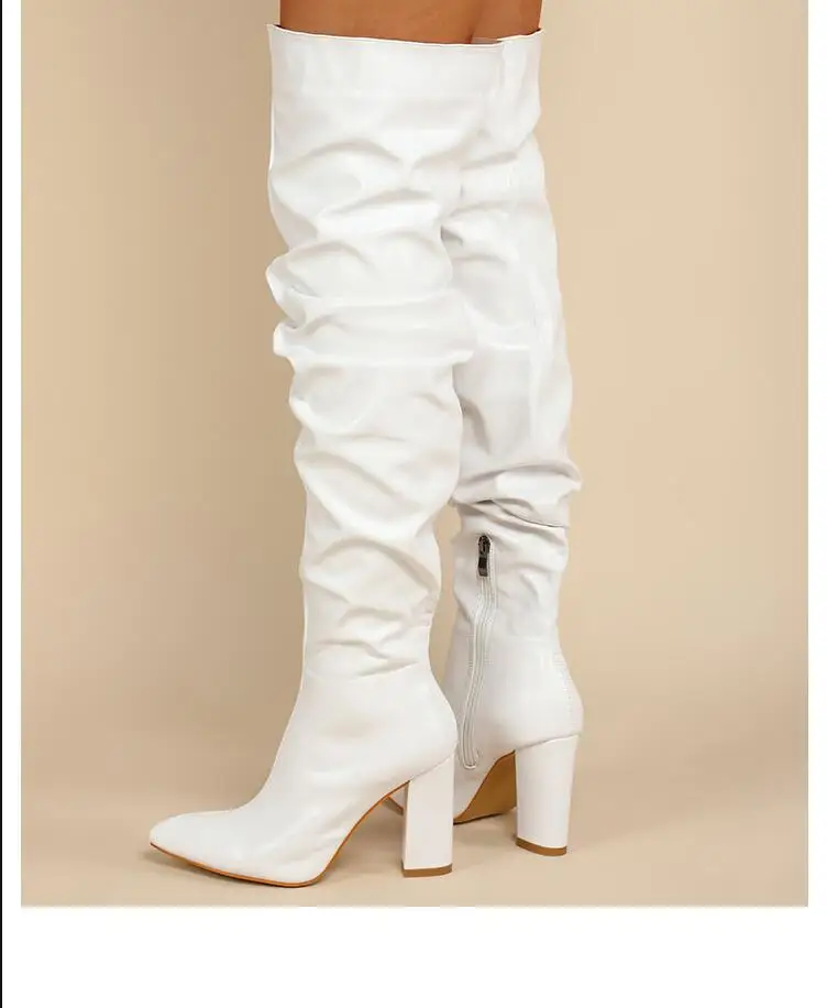 Sexy High Quality Pleated cowhide Leather Motorcycle Over The Knee Boots Women Fashion Pointed Toe Thigh High Lady Shoes Large