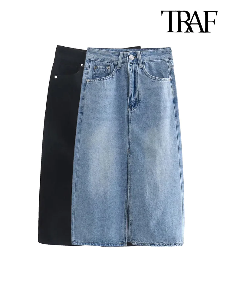 

TRAF Women Fashion With Five Pockets Front Slit Denim Midi Skirt Vintage High Waist Zipper Fly Female Skirts Mujer