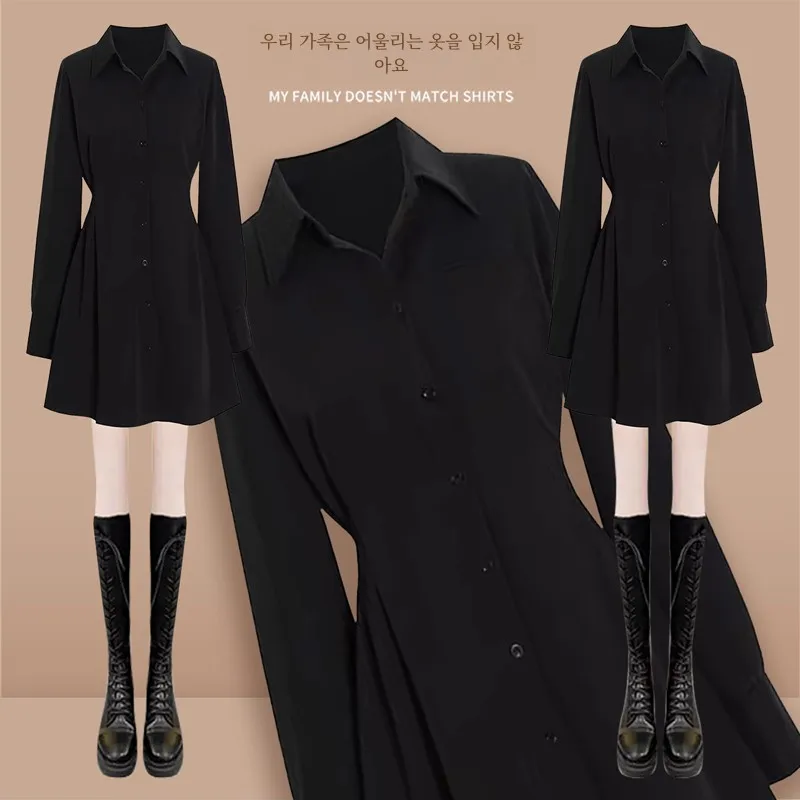 Весна и осень 2024 новое черное платье с высокой талией лацканами женское жареное