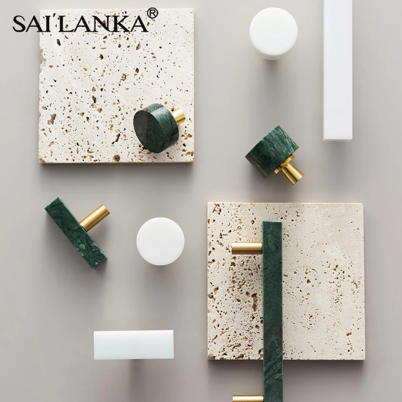 

SAILANKA Marble Brass Nordic Cabinet Handles Kitchen Bedroom Round Drawer Knobs Natural Stone Handle Furniture Hardware Pulls