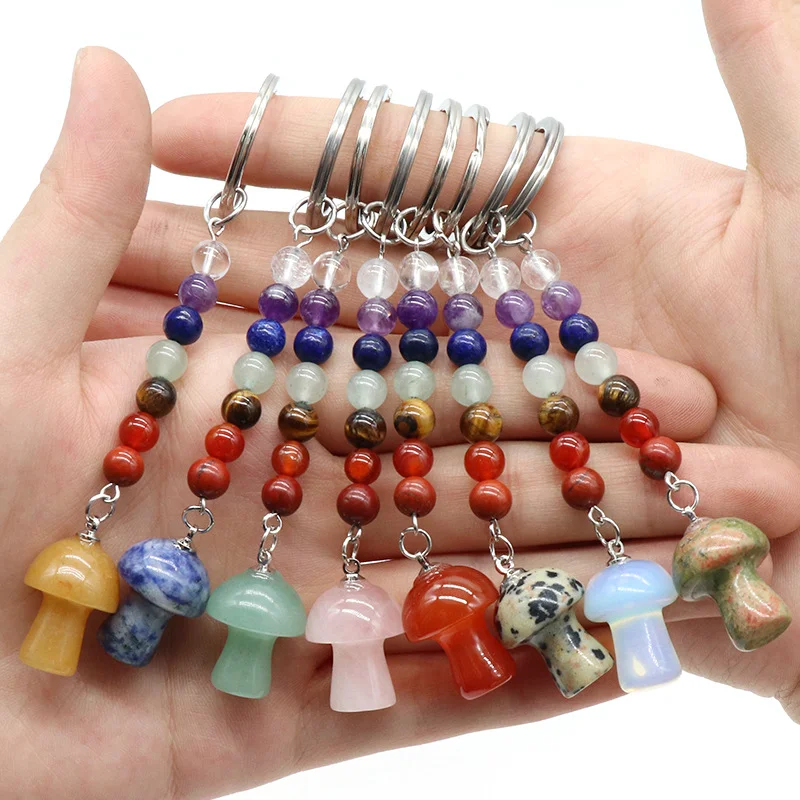 

15pcs Mushroom Statue Key Rings 7 Colors Chakra Beads Chains Stone Charms Keychains Healing Crystal Keyrings for Women Men