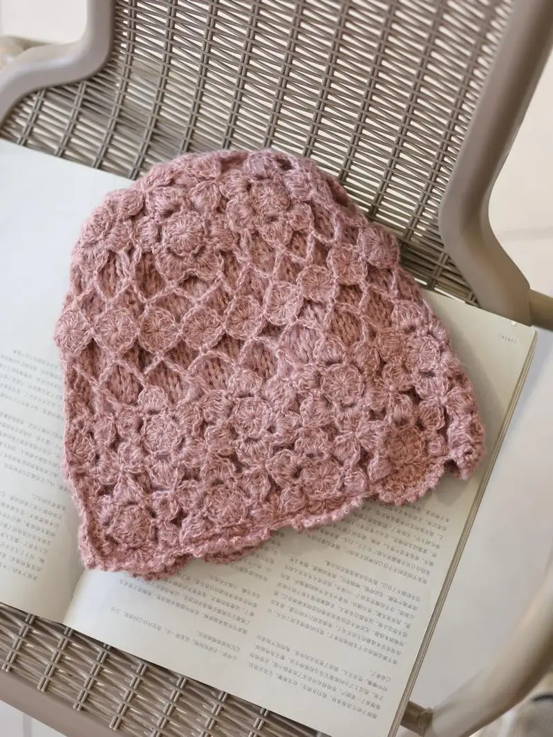 Hat Sle Autumn and Winter Double-Layer Hollow Flower Handmade Woolen Cap Warm All-Match Retro Temperament Knitted Toque Women