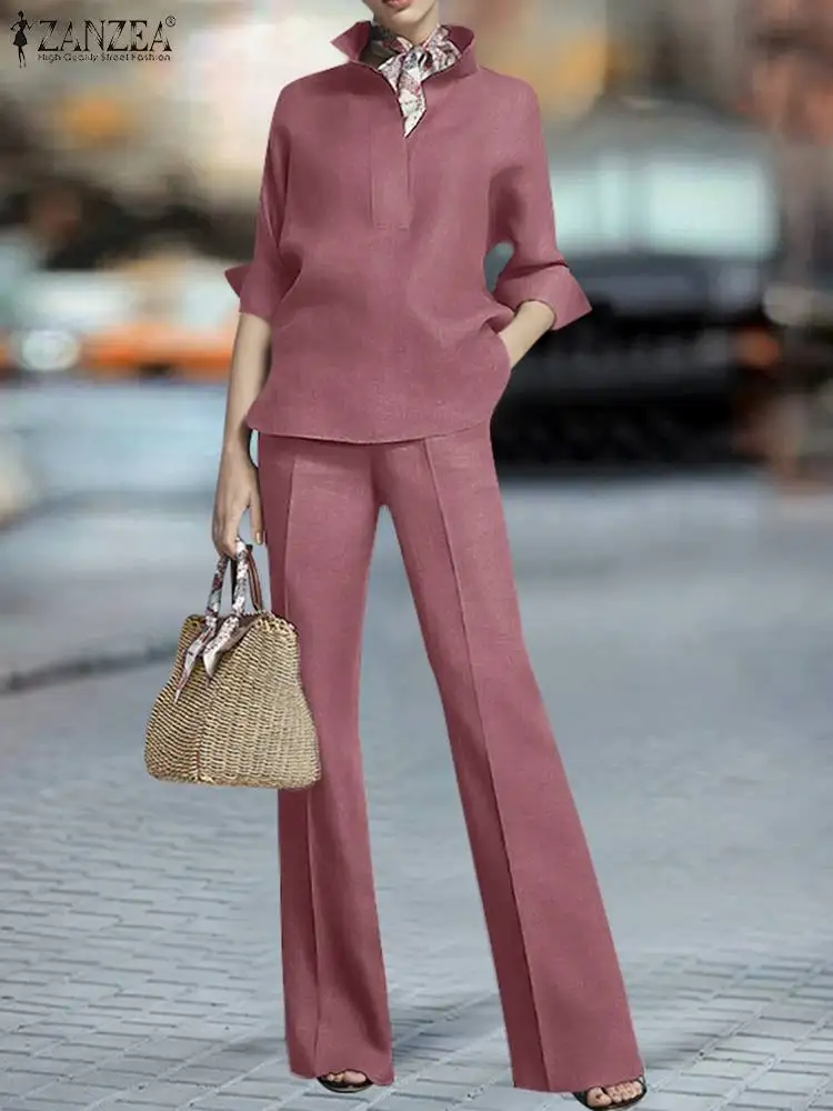 

Костюм ZANZEA женский свободный из 2 предметов, однотонный Повседневный офисный брючный костюм с боковой молнией, блузка с лацканами, штаны