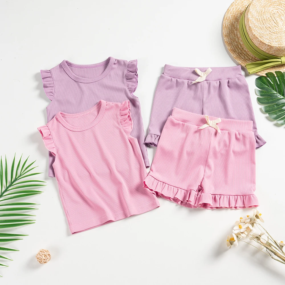 

2023 Summer Ruffle Toddler Girl Sets 2pcs Sleeve T-shrits Shorts Outfits for Girls Solid Children Suit Girl Clothing for 1-5T