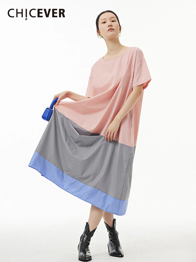 

CHICEVER лоскутное цветное платье для женщин с О-образным вырезом и коротким рукавом с карманом прямые свободные платья для женщин 2022 весенняя ...