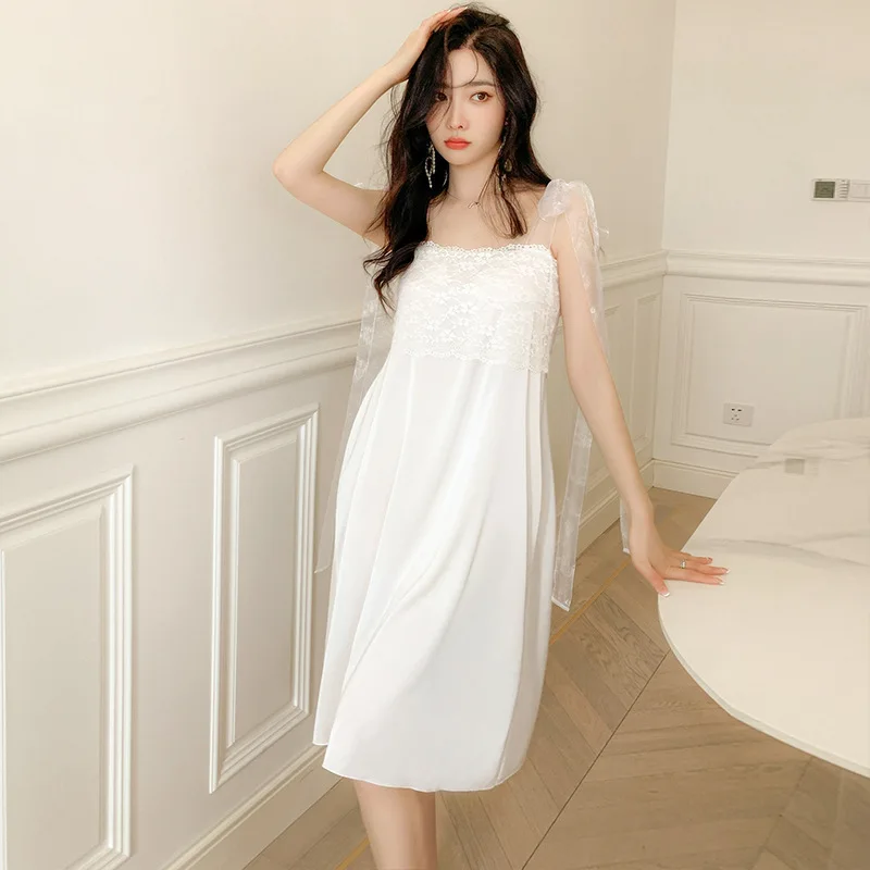 Palace Style Stain Pajamas for Women Nightwear Silk Nightgown  Lace Solid Sleeveless Loungewear Vestidos Suspenders Sleepdress