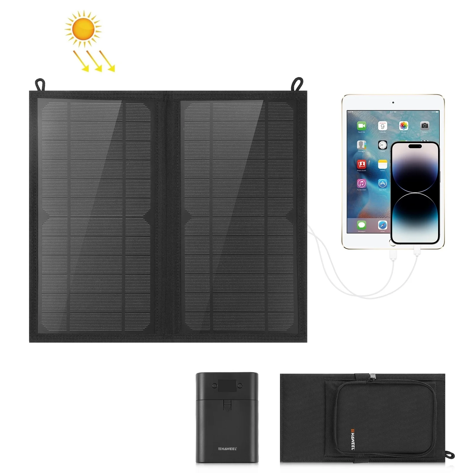 HAWEEL12W/18W/24W Foldable Solar Panel Charger Bag 5V / 3.1A Max Dual USB Ports, Support QC3.0 and AFC
