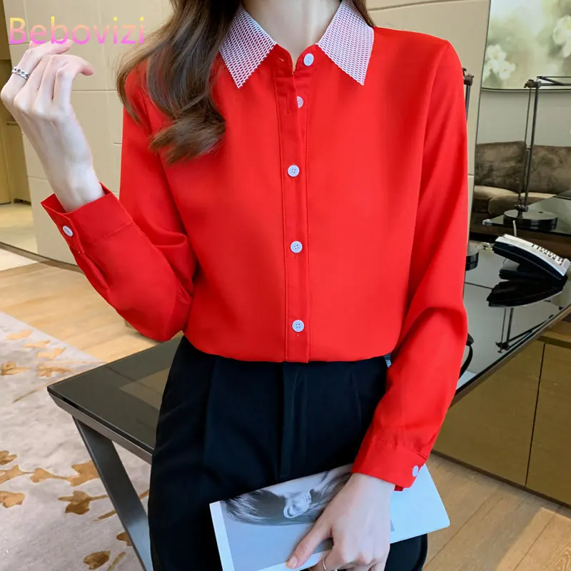 

Fashion Women Long Sleeve Red Yellow Navy Shirts Tops Office Lady Blouses Button Blusas