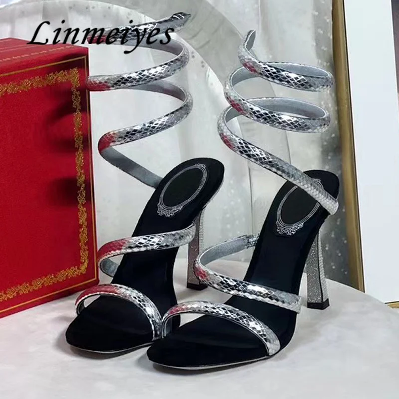 

Luxury High Heels Gladiator Sandals Women Snake Twine Around Ankle Strap Crystal Shoes Women Summer Stiletto Sandals Woman