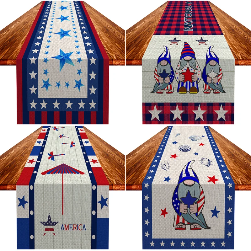 

Independence Day Table Flag Linen Pentagram Gnome Table Runner American Vintage Style Letters Rectangular Table Decoration 2023